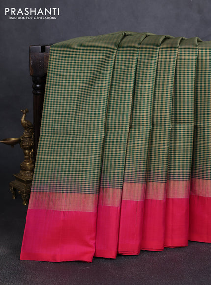 Pure soft silk saree green and pink with allover small checked pattern and zari woven simple border