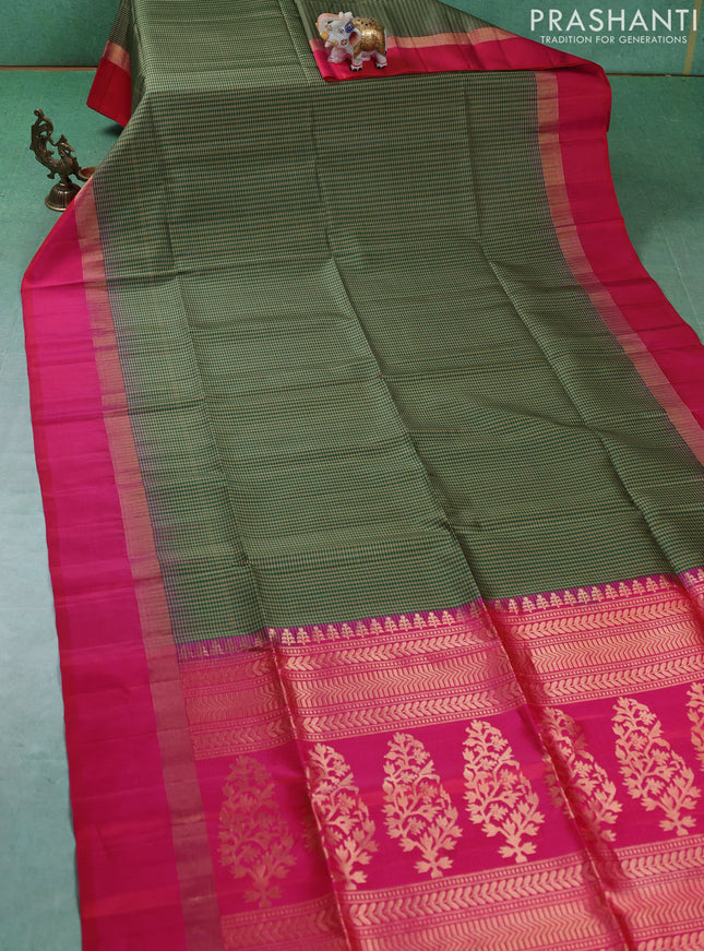 Pure soft silk saree green and pink with allover small checked pattern and zari woven simple border
