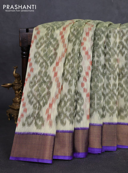 Ikat silk cotton saree cream and violet with allover ikat weaves and zari woven border