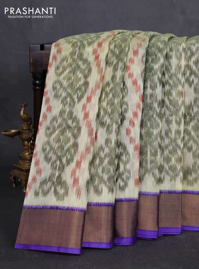 Ikat silk cotton saree cream and violet with allover ikat weaves and zari woven border