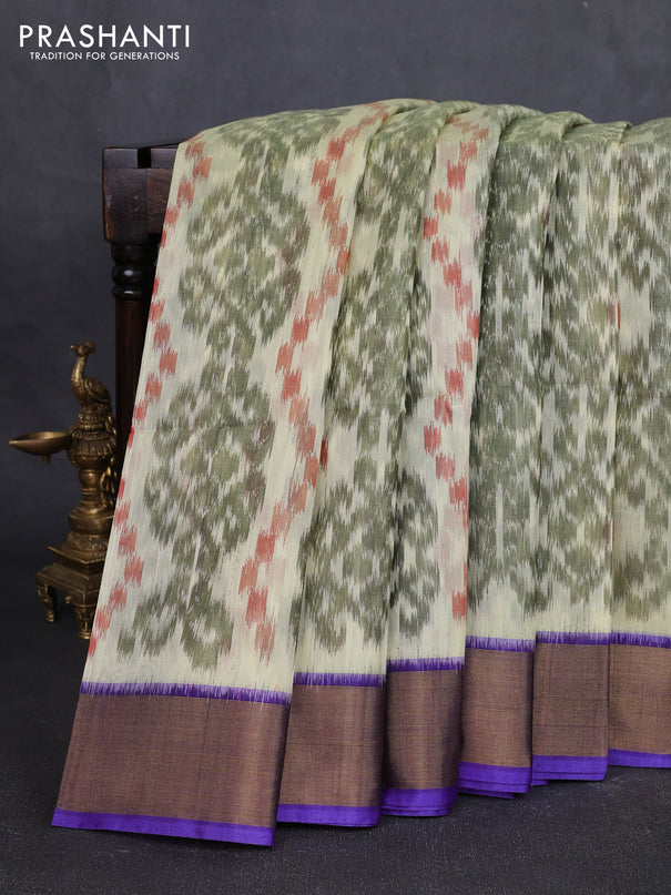 Ikat silk cotton saree cream and violet with allover ikat weaves and zari woven border
