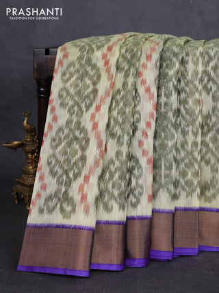 Ikat silk cotton saree cream and violet with allover ikat weaves and zari woven border