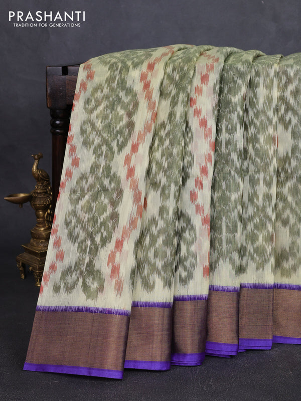 Ikat silk cotton saree cream and violet with allover ikat weaves and zari woven border