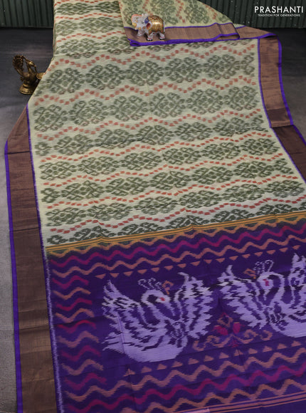 Ikat silk cotton saree cream and violet with allover ikat weaves and zari woven border