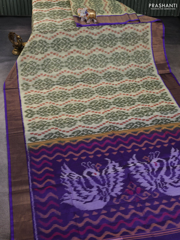 Ikat silk cotton saree cream and violet with allover ikat weaves and zari woven border