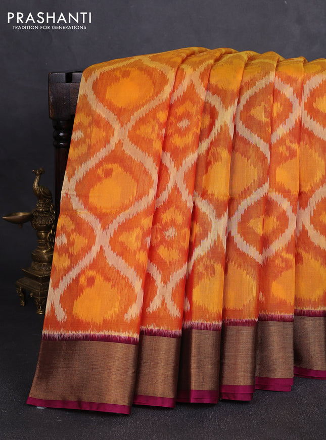 Ikat silk cotton saree rust shade and wine shade with allover ikat weaves and zari woven border