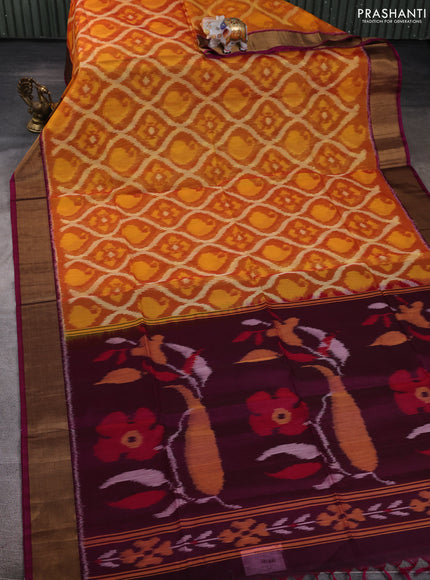 Ikat silk cotton saree rust shade and wine shade with allover ikat weaves and zari woven border