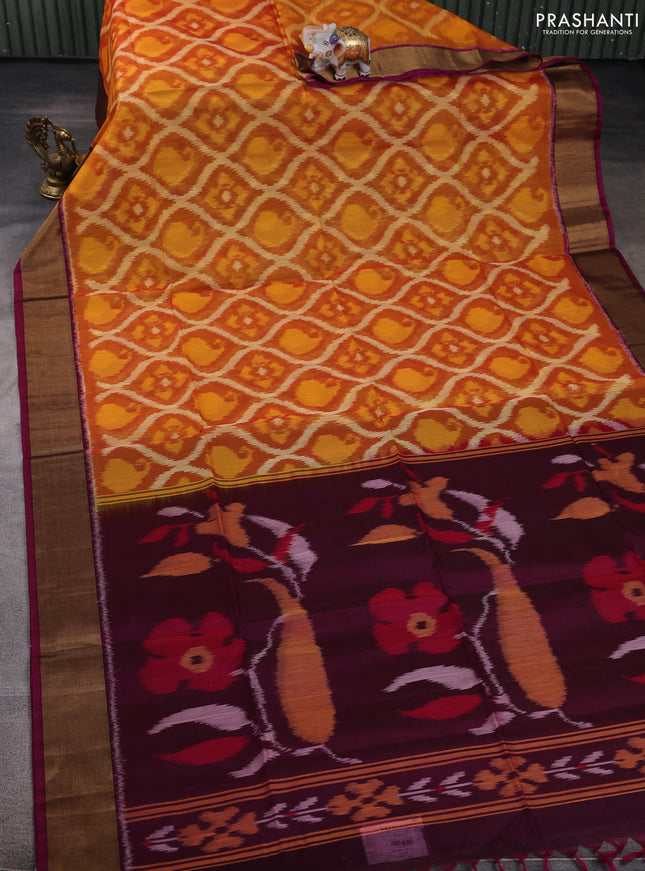 Ikat silk cotton saree rust shade and wine shade with allover ikat weaves and zari woven border