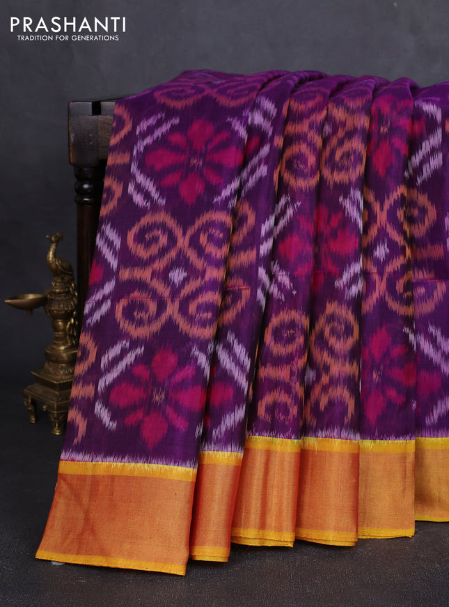 Ikat silk cotton saree purple and dual shade of dark mustard with allover ikat weaves and zari woven border