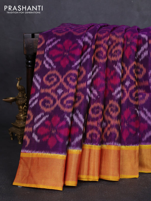 Ikat silk cotton saree purple and dual shade of dark mustard with allover ikat weaves and zari woven border