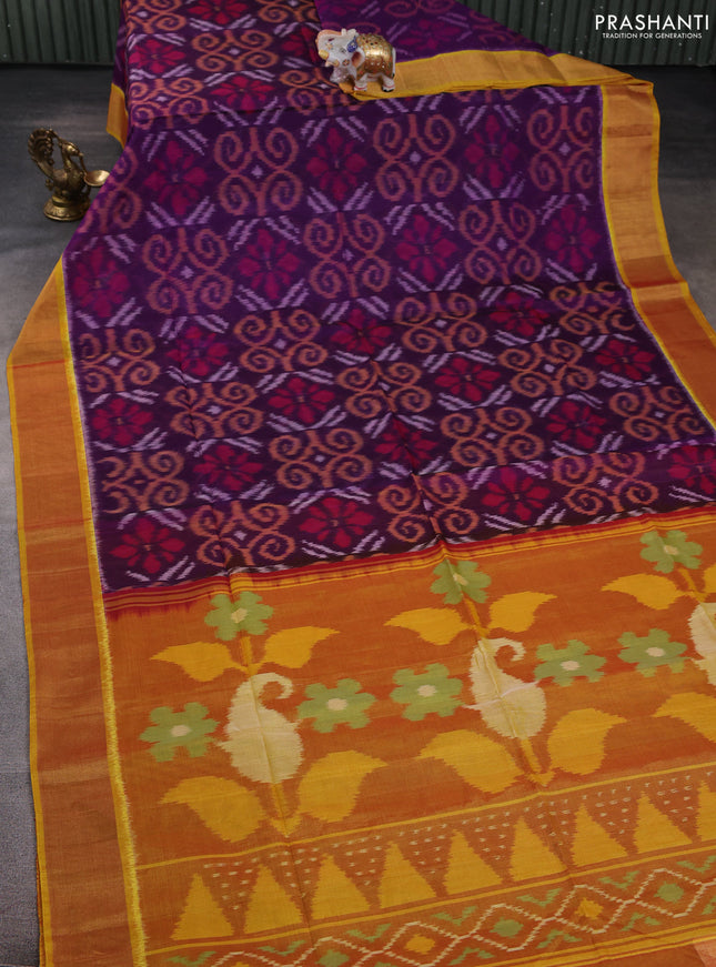Ikat silk cotton saree purple and dual shade of dark mustard with allover ikat weaves and zari woven border