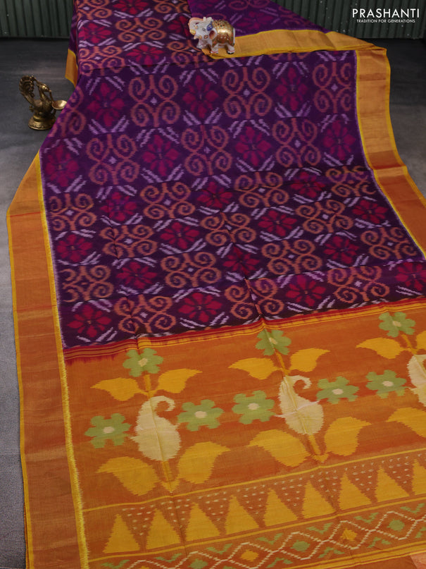 Ikat silk cotton saree purple and dual shade of dark mustard with allover ikat weaves and zari woven border