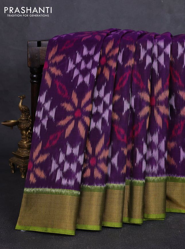 Ikat silk cotton saree deep purple and mehendi green with allover ikat weaves and zari woven border