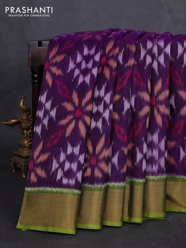Ikat silk cotton saree deep purple and mehendi green with allover ikat weaves and zari woven border