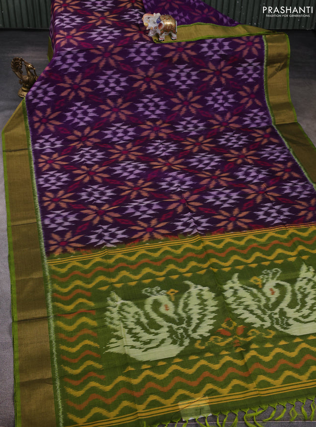 Ikat silk cotton saree deep purple and mehendi green with allover ikat weaves and zari woven border