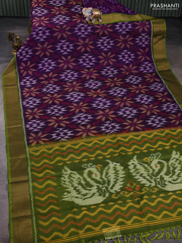 Ikat silk cotton saree deep purple and mehendi green with allover ikat weaves and zari woven border