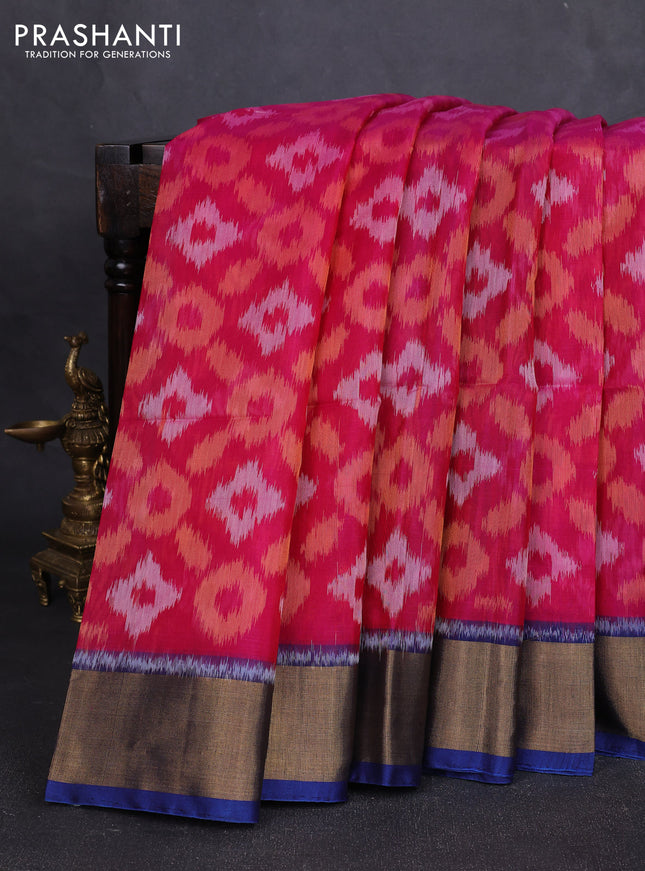 Ikat silk cotton saree pink and peacock blue with allover ikat weaves and zari woven border