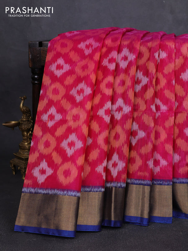 Ikat silk cotton saree pink and peacock blue with allover ikat weaves and zari woven border