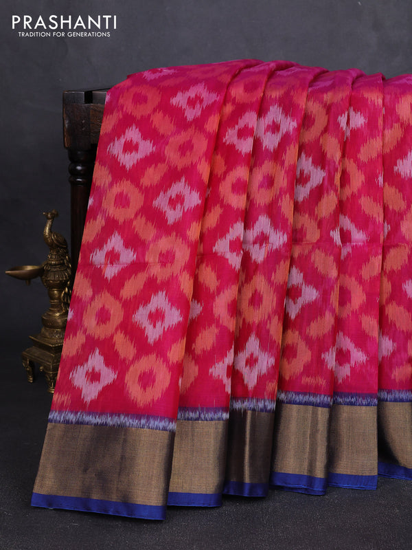 Ikat silk cotton saree pink and peacock blue with allover ikat weaves and zari woven border