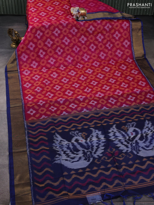 Ikat silk cotton saree pink and peacock blue with allover ikat weaves and zari woven border