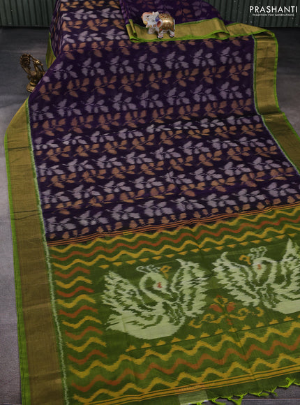 Ikat silk cotton saree deep violet and light green with allover ikat weaves and zari woven border