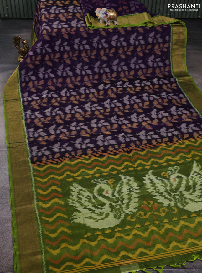 Ikat silk cotton saree deep violet and light green with allover ikat weaves and zari woven border