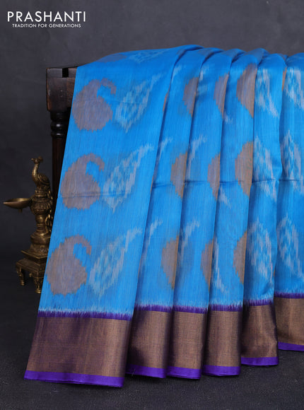 Ikat silk cotton saree light blue and blue with allover ikat weaves and zari woven border