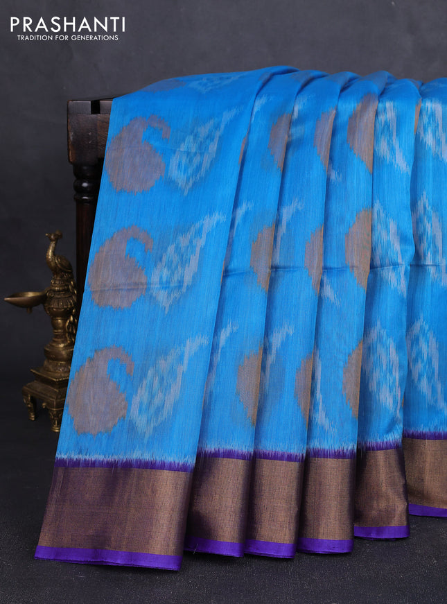 Ikat silk cotton saree light blue and blue with allover ikat weaves and zari woven border