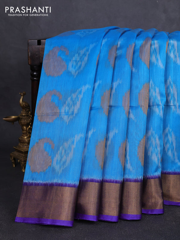 Ikat silk cotton saree light blue and blue with allover ikat weaves and zari woven border