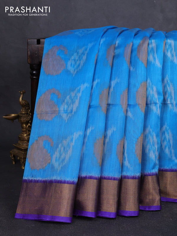 Ikat silk cotton saree light blue and blue with allover ikat weaves and zari woven border