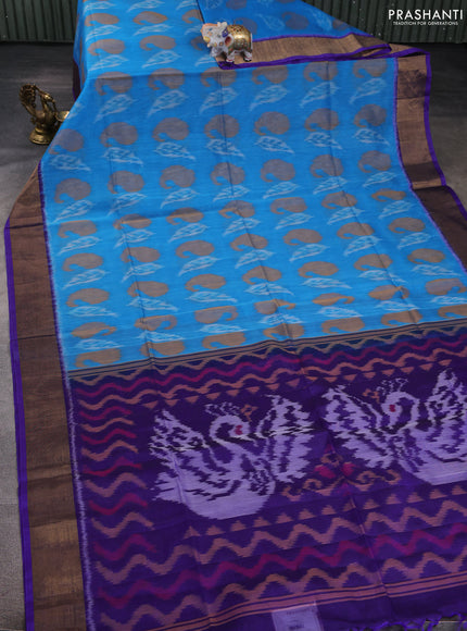 Ikat silk cotton saree light blue and blue with allover ikat weaves and zari woven border