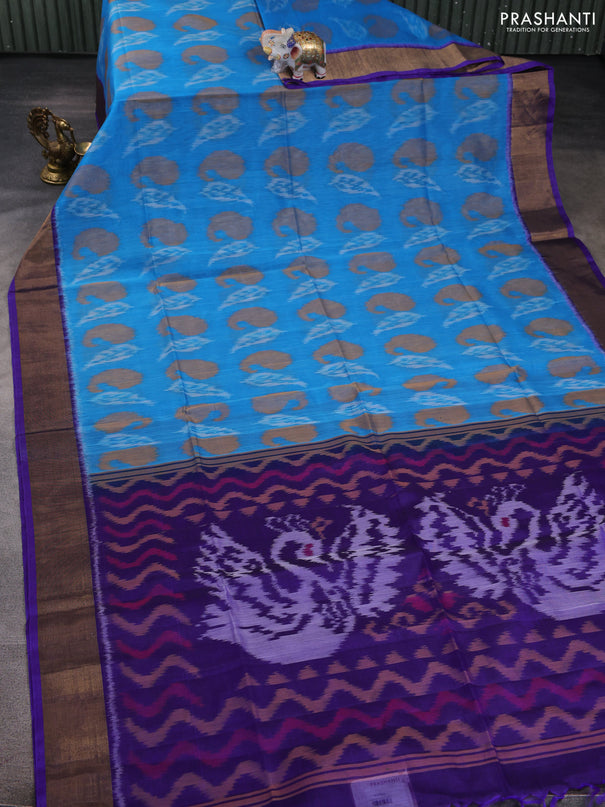 Ikat silk cotton saree light blue and blue with allover ikat weaves and zari woven border