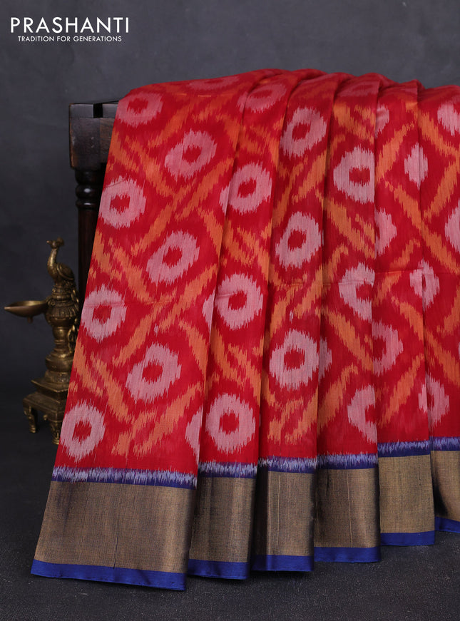Ikat silk cotton saree kumkum red and peacock blue with allover ikat weaves and zari woven border