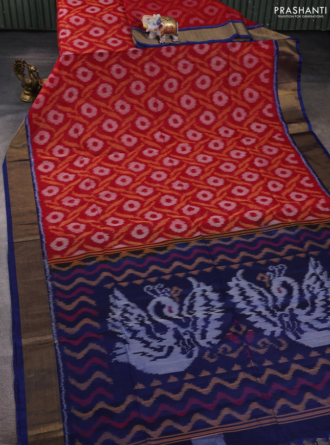 Ikat silk cotton saree kumkum red and peacock blue with allover ikat weaves and zari woven border