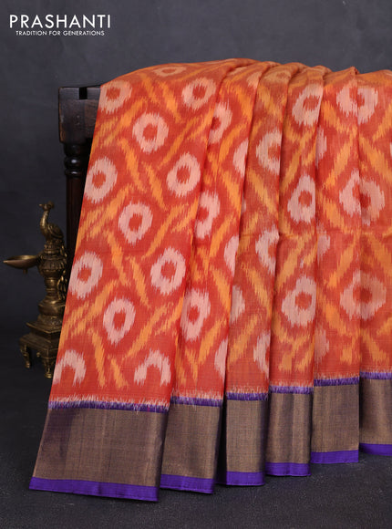 Ikat silk cotton saree rustic orange and blue with allover ikat weaves and zari woven border