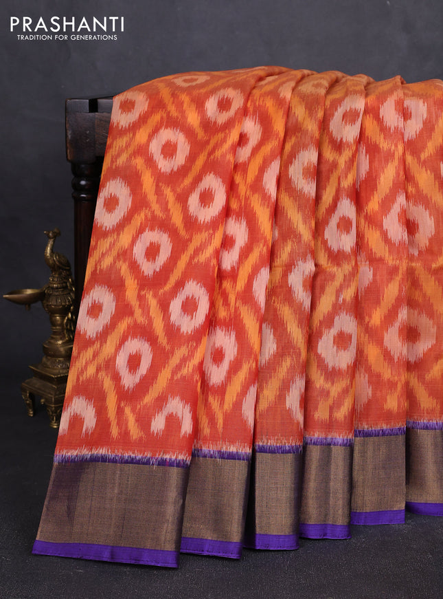 Ikat silk cotton saree rustic orange and blue with allover ikat weaves and zari woven border