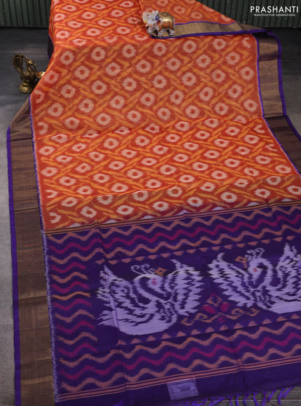Ikat silk cotton saree rustic orange and blue with allover ikat weaves and zari woven border