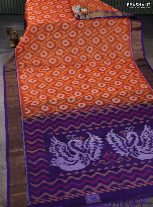 Ikat silk cotton saree rustic orange and blue with allover ikat weaves and zari woven border