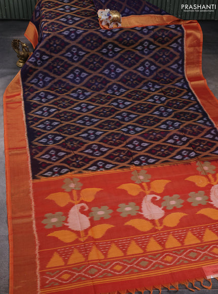 Ikat silk cotton saree navy blue and orange shade with allover ikat weaves and zari woven border