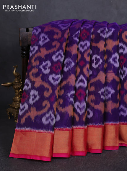 Ikat silk cotton saree violet and pink with allover ikat weaves and zari woven border