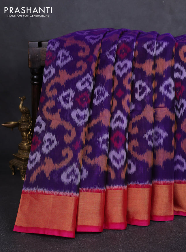 Ikat silk cotton saree violet and pink with allover ikat weaves and zari woven border