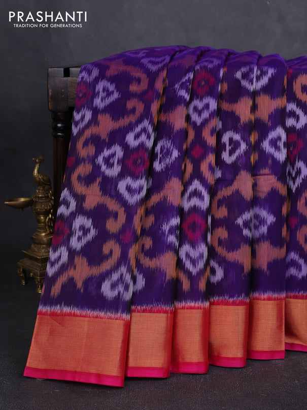 Ikat silk cotton saree violet and pink with allover ikat weaves and zari woven border