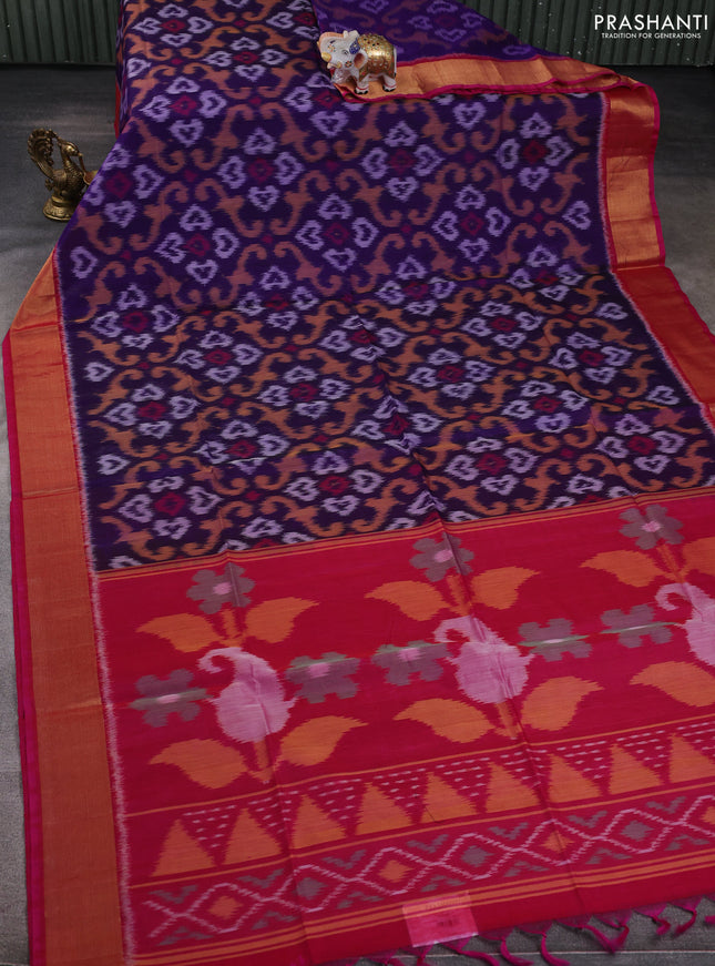 Ikat silk cotton saree violet and pink with allover ikat weaves and zari woven border