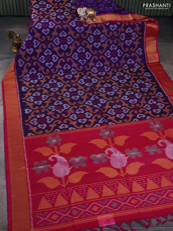 Ikat silk cotton saree violet and pink with allover ikat weaves and zari woven border