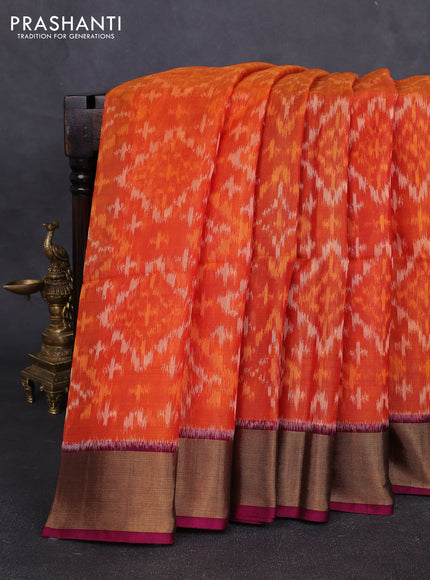 Ikat silk cotton saree rustic orange and wine shade with allover ikat weaves and zari woven border