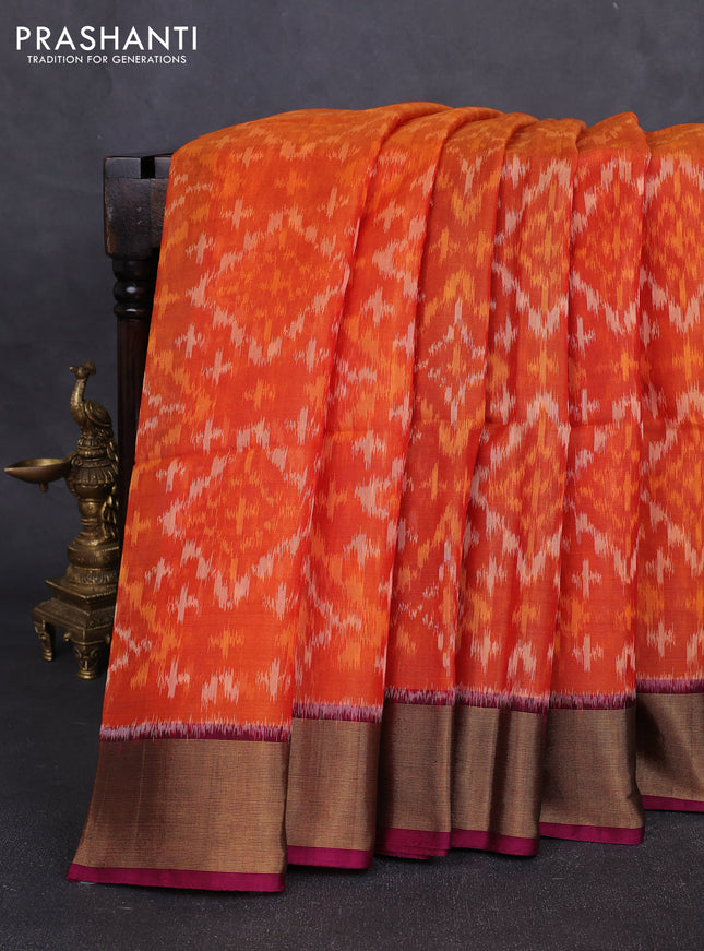 Ikat silk cotton saree rustic orange and wine shade with allover ikat weaves and zari woven border
