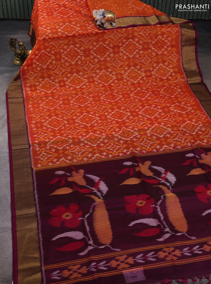 Ikat silk cotton saree rustic orange and wine shade with allover ikat weaves and zari woven border