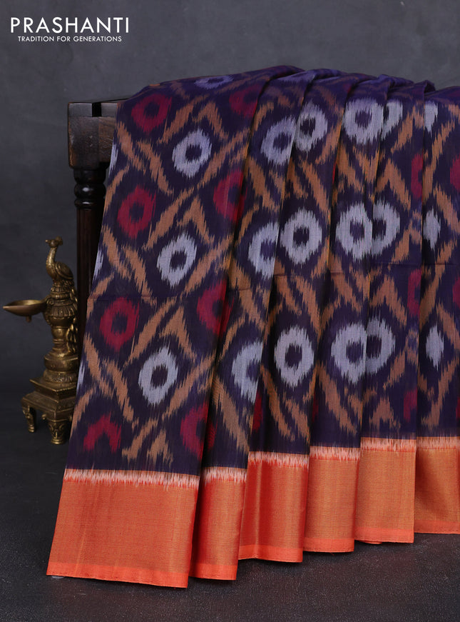 Ikat silk cotton saree navy blue and orange with allover ikat weaves and zari woven border