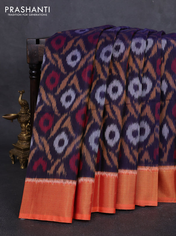 Ikat silk cotton saree navy blue and orange with allover ikat weaves and zari woven border