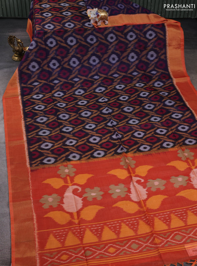 Ikat silk cotton saree navy blue and orange with allover ikat weaves and zari woven border